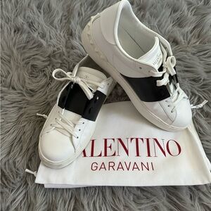 Valentino Garavani White Leather Sneakers with Black Band